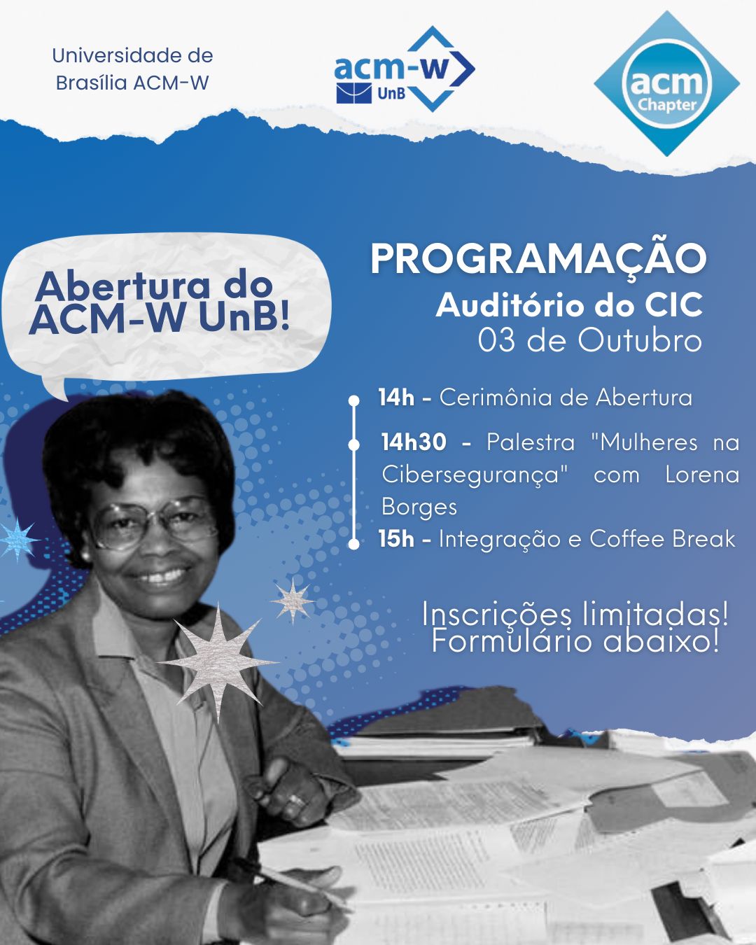 Cartaz de Abertura do Capítulo Estudantil ACM-W UnB